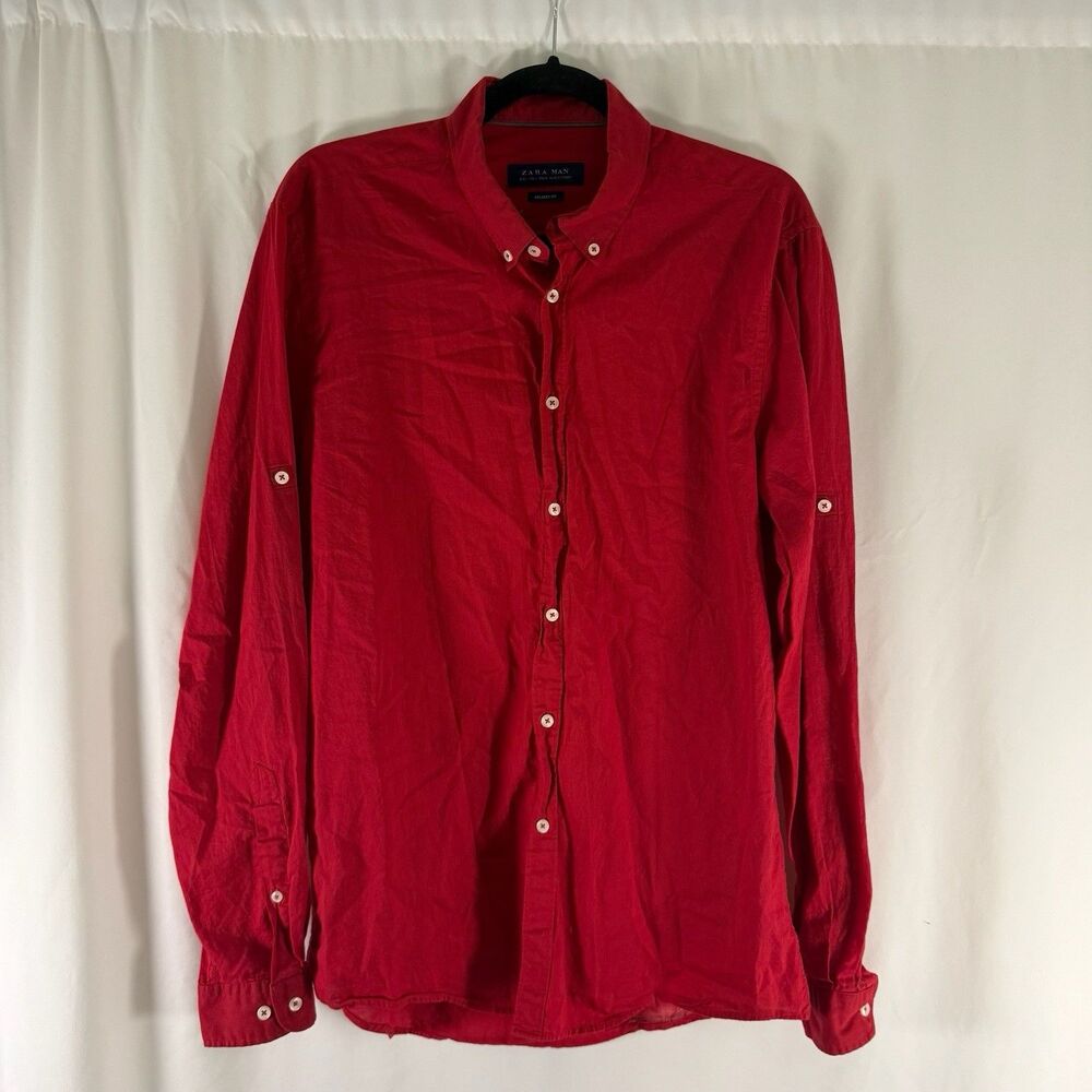 Zara Man Dress Shirt Large Red Button Up Long Sleeve Collared Lightweight Cotton